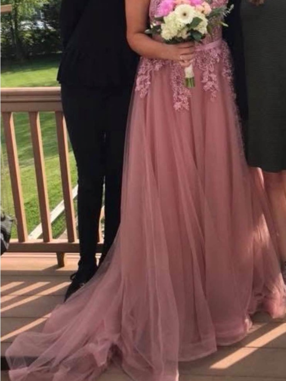 Elegant Lace Appliqué Tulle Evening Dress - Dusty Rose